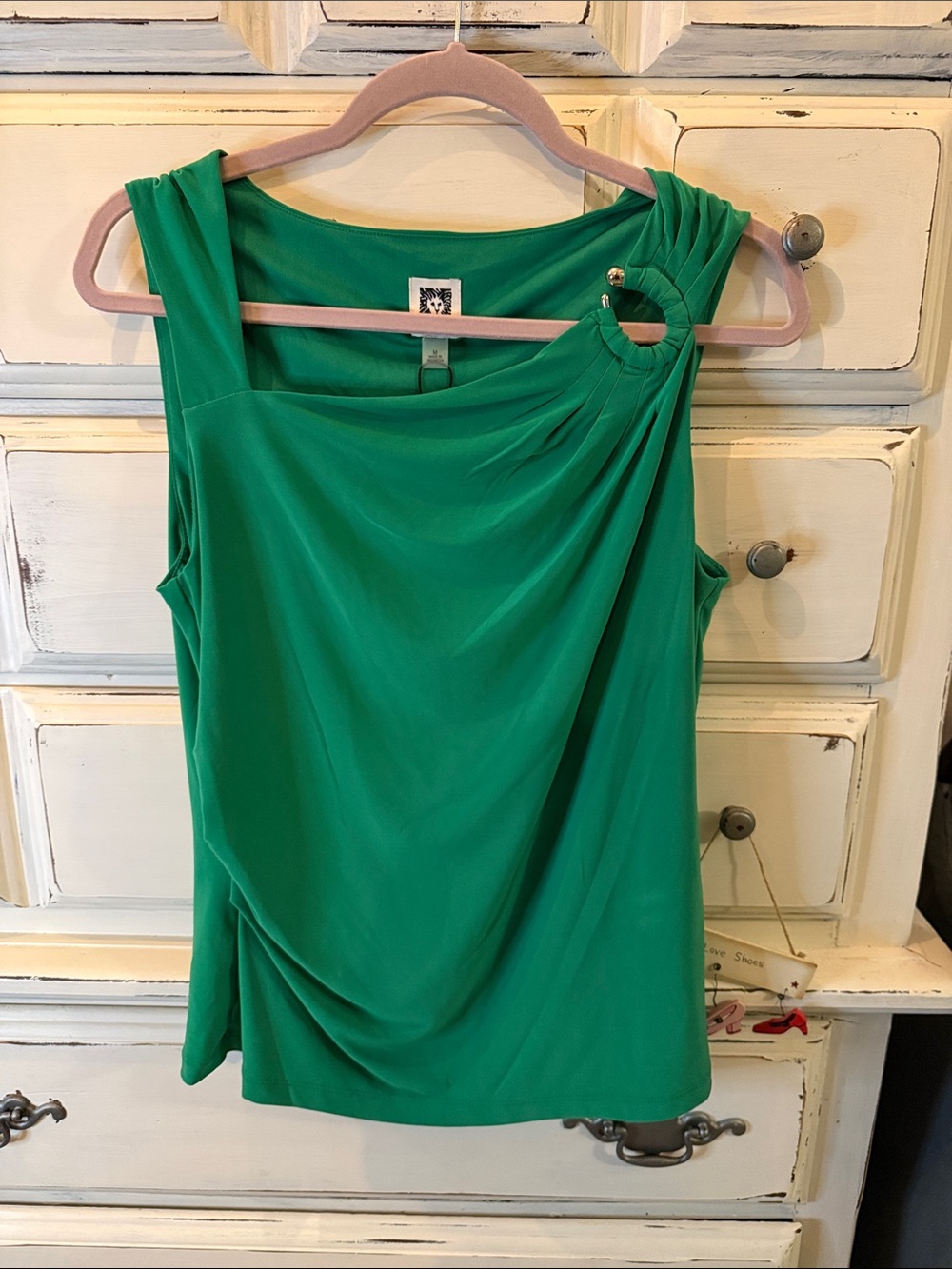 Anne Klein Sleeveless Green Drape Top with Ring Detail